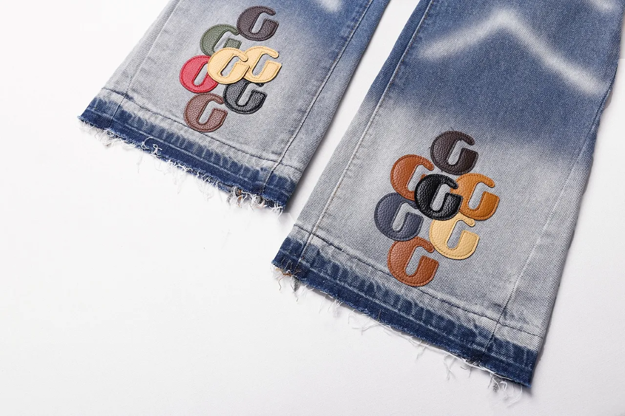 640#Gallery Dept New Style Spliced ​​Leather Label Leather Seal Water Ripple Washed Blue Destroyed Splicing Micro-Boot Jeans American High Street Flared Trousers Washed Blue S~XL p290